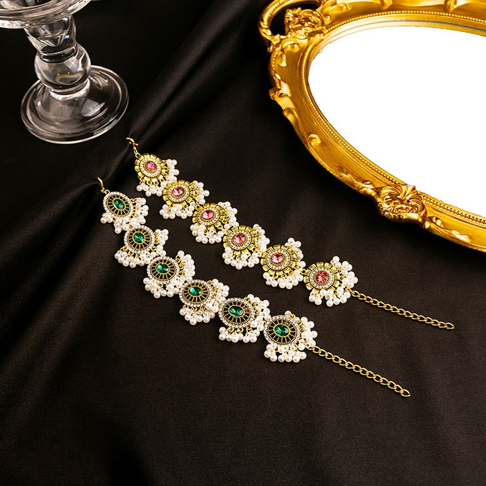 2023 Vintage Metallic Pink Rhinestone Pearl Bracelet, Exaggerated Luxury Fashion Jewelry