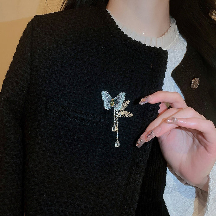 Light Luxury Copper Zircon Butterfly Tassel Brooch For Women's Blazer Accessories