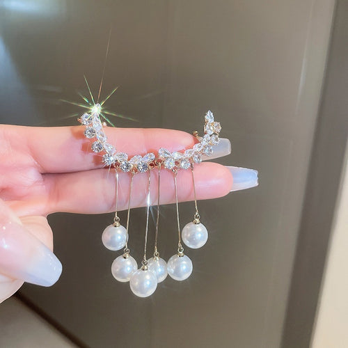 Alloy Rhinestone Pearl Tassel Clip-on Earrings, Korean Elegant Long Geometric OL Style