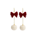 Elegant French Red Velvet Bowknot Alloy Chain Tassel Long Drop Faux Fur Pom Pom Stud Earrings view 5