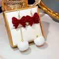 Elegant French Red Velvet Bowknot Alloy Chain Tassel Long Drop Faux Fur Pom Pom Stud Earrings view 2