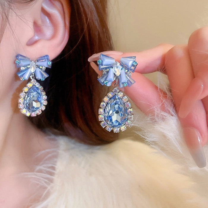 Korean Light Luxury Alloy Bowknot Waterdrop Crystal Stud Earrings With Silver Pins