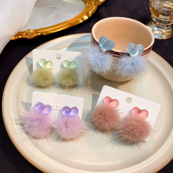 Korean Winter Acrylic Heart Faux Fur Pom Pom Studs For Women Cute Sweet Fashion Alloy Earrings