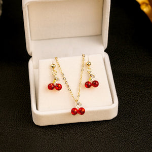 Elegant French Burgundy Crystal Cherry Pendant Gold Plated Alloy Stud Jewelry Set for Women Earrings
