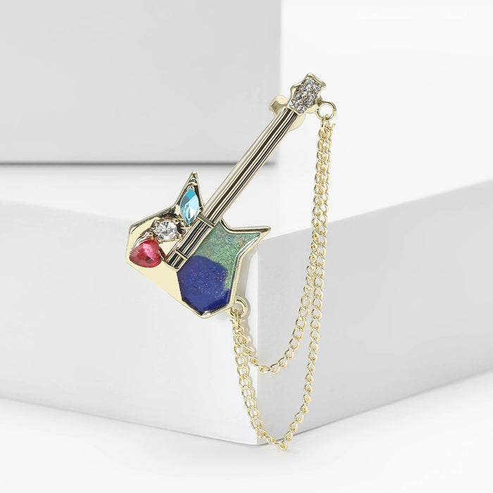 Metal Alloy Rhinestone Chain Guitar Brooch For Unisex Apparel