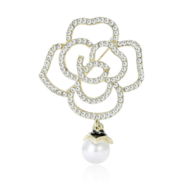 Simple Alloy Rhinestone Hollow Camellia Brooch For Women's Apparel