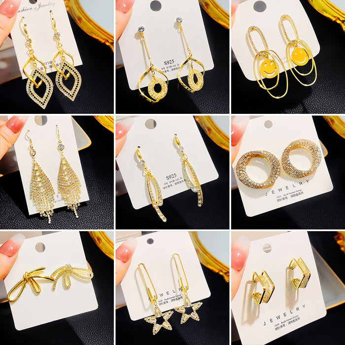 Silver Needle Sparkling Zircon Long Tassel Earrings Full Rhinestone Bow Smile Face Geometric Studs