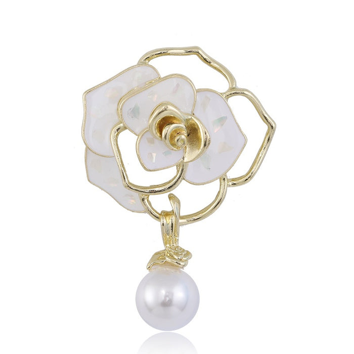 Alloy Pearl Camellia Flower Brooch Pin For Coats And Suits