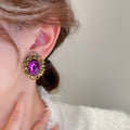 French Vintage Purple Oval Pearl Alloy Clip-on Earrings Non-Pierced Geometric Luxury Ear Cuffs view 3