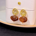 Luxury Vintage Gold Alloy Wrinkled Disc With Amber Acrylic Geometric Oval Drop Stud Earrings view 4