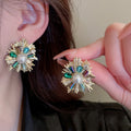French Light Luxury Copper Flower Stud Earrings With Faux Pearl Crystal Rhinestone view 1