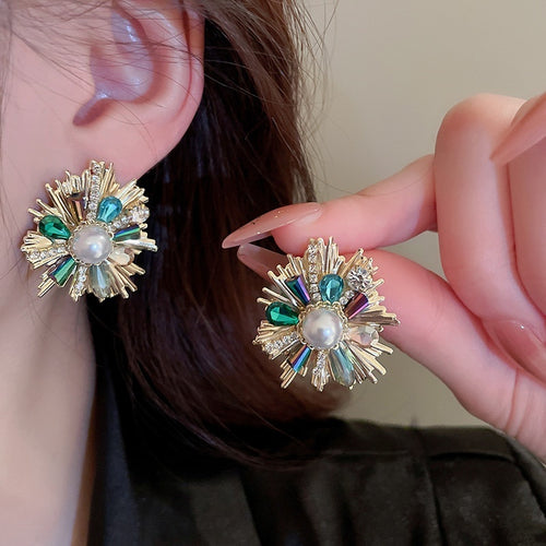 French Light Luxury Copper Flower Stud Earrings With Faux Pearl Crystal Rhinestone