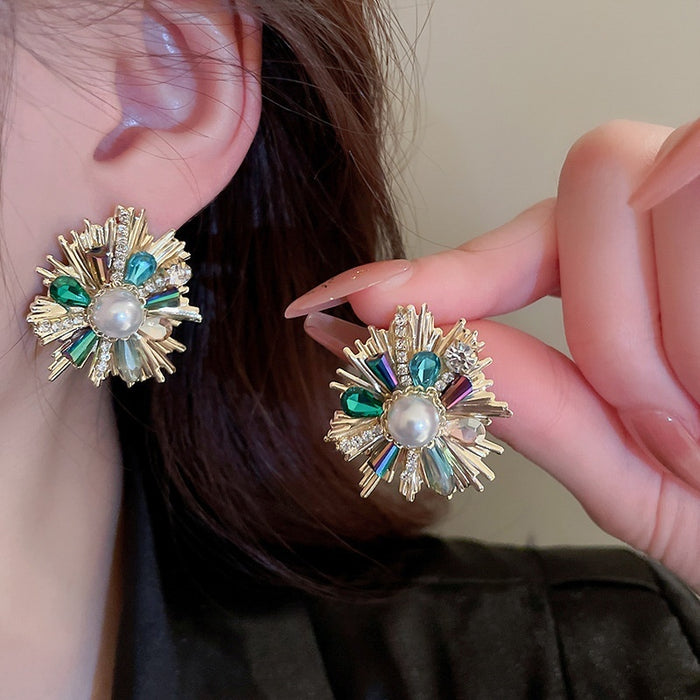 French Light Luxury Copper Flower Stud Earrings With Faux Pearl Crystal Rhinestone