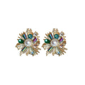 French Light Luxury Copper Flower Stud Earrings With Faux Pearl Crystal Rhinestone view 5