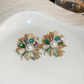French Light Luxury Copper Flower Stud Earrings With Faux Pearl Crystal Rhinestone view 4