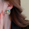 French Light Luxury Copper Flower Stud Earrings With Faux Pearl Crystal Rhinestone view 3