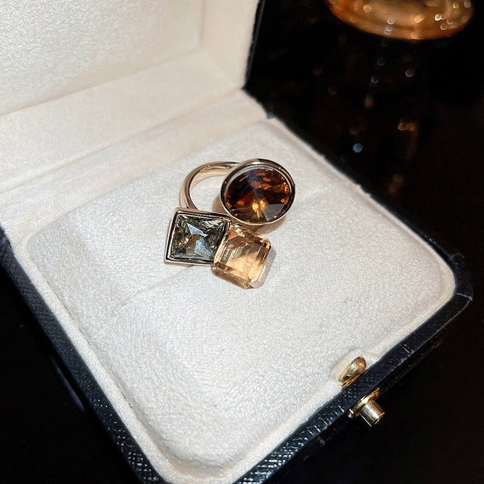 Gold Plated Zircon Square Circle Open Ring For Women