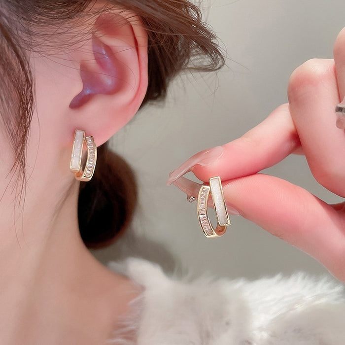 Gold Plated Copper C Shaped Shell Zircon Double Layer Chic Stud Earrings For Women