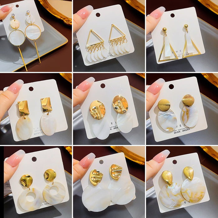 French Vintage Gold Alloy Hoop With White Mother Of Pearl Geometric Circle Drop Luxury Earrings