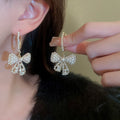 Alloy Bow Pearl Hoop Earrings With Rhinestone Accents French Light Luxury Trendy Style view 1
