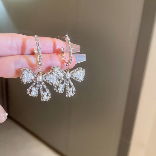 Alloy Bow Pearl Hoop Earrings With Rhinestone Accents French Light Luxury Trendy Style