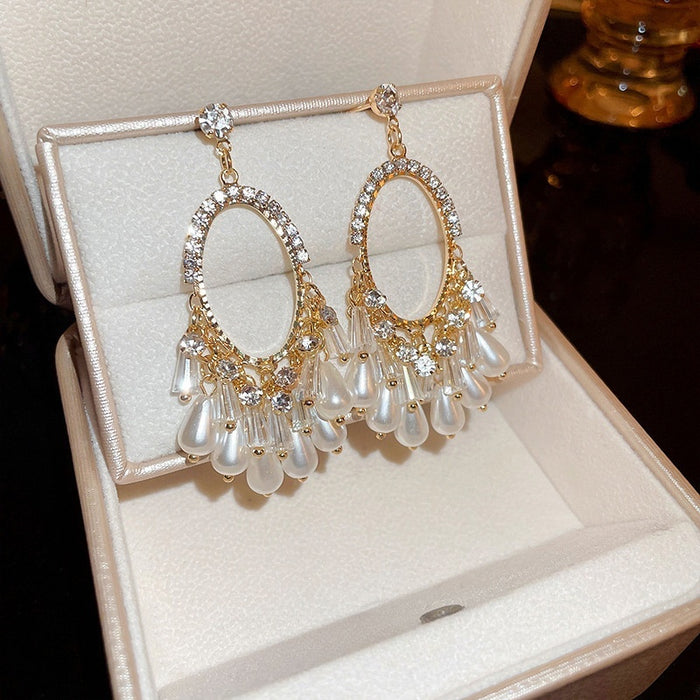 Alloy Oval Faux Pearl Crystal Rhinestone Vintage Court Style Drop Earrings