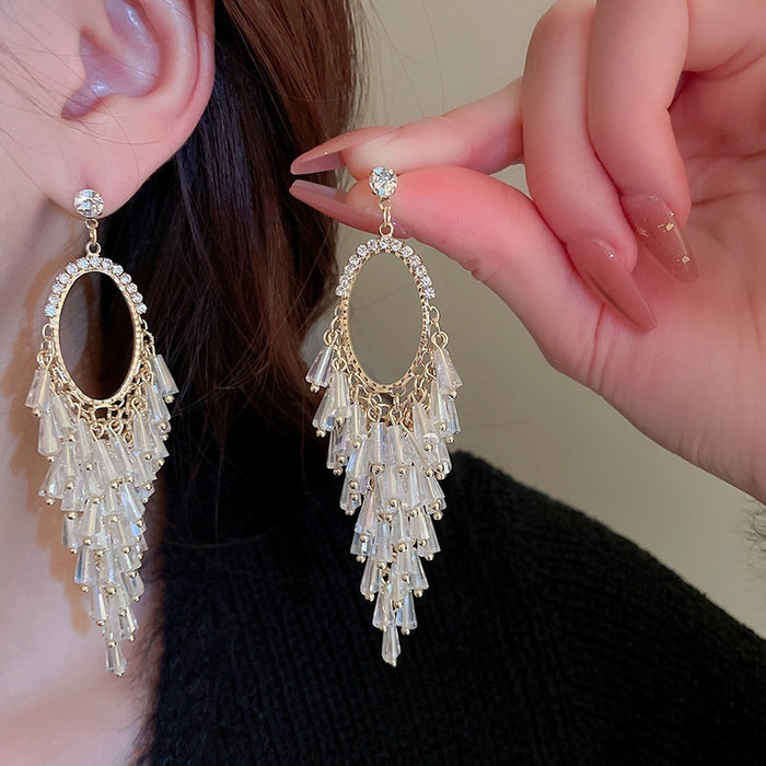 Light Luxury Alloy Crystal Tassel Drop Earrings With Silver Pin And Rhinestone Detail