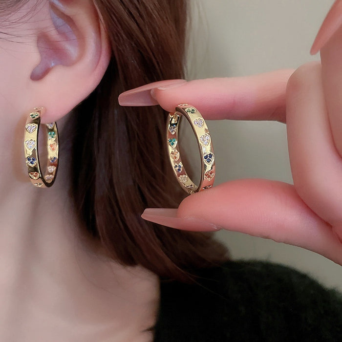 Copper Zircon Heart Circle Hoop Earrings For Women Geometric Minimalist Luxury Style