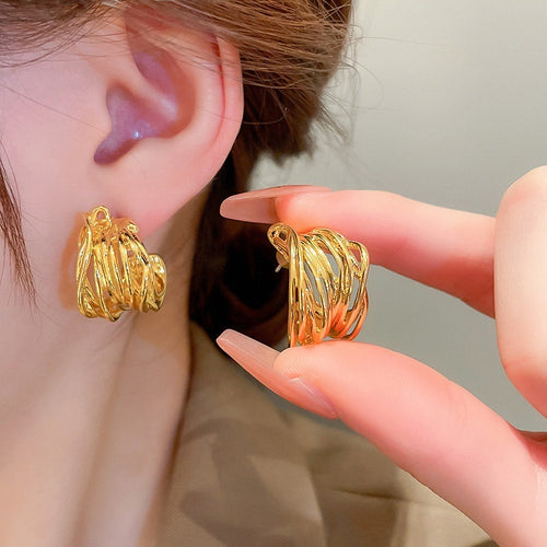 Chic Irregular Geometric C-Shaped Metal Hoop Earrings With Silver Posts For Women