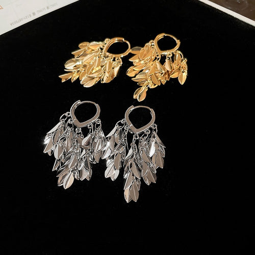 Statement Copper Leaf Tassel Drop Earrings, European American Fashion Ear Cuff Style