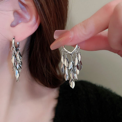 Statement Copper Leaf Tassel Drop Earrings, European American Fashion Ear Cuff Style