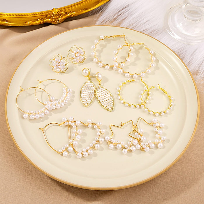 Elegant French Woven Pearl Hoop Heart Flower Geometric Gold Alloy Metal Face-Slimming Earrings