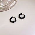 Black Alloy Polygon Huggie Hoop Earrings, Geometric Punk Hip Hop Unisex Creative Metal Earrings view 2