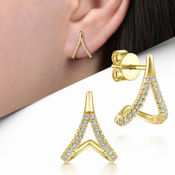 French Chic Geometric A-Shaped Stud Earrings With Micro Pave Teardrop Detail, Fashion Ear Jewelry
