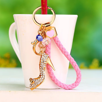 Jeweled High Heel Keychain With Pink Braided Wrist Strap