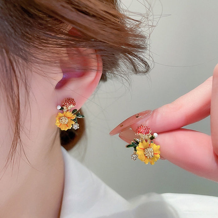 Alloy Silver Needle Orange Enamel Flower Rhinestone Stud Earrings Style Sweet Forest Jewelry