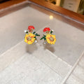 Alloy Silver Needle Orange Enamel Flower Rhinestone Stud Earrings Style Sweet Forest Jewelry view 2