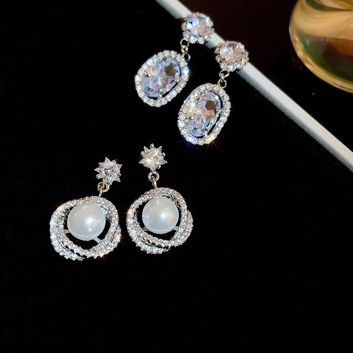 Light Luxury Copper Floral Zircon Pearl Hoop Earrings With Sterling Silver Pins For Women