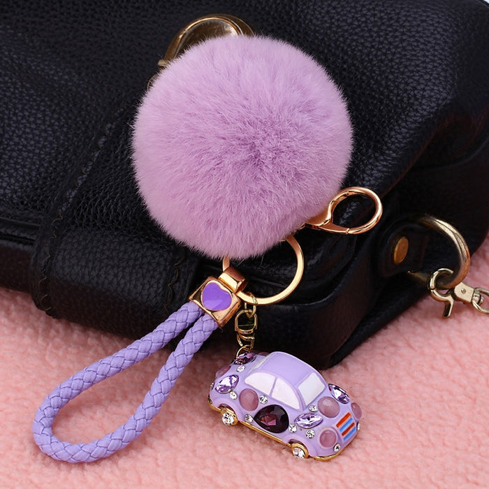 Mini Car Plush Pom Pom Keychains With Braided Wrist Straps