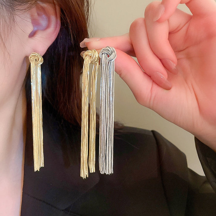 Light Luxury Metal Knotted Tassel Drop Earrings With Silver Pins, Minimalist European Style