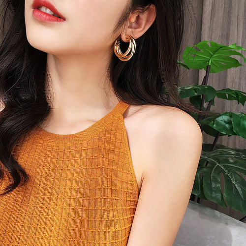 Vintage Hong Kong Style Metal Round Geometric Stud Earrings For Women Korean Fashion Summer Jewelry