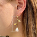 French Romantic White Rose Flower Branch Leaf Long Drop Earrings, Elegant Versatile Dangle Jewelry view 5