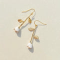 French Romantic White Rose Flower Branch Leaf Long Drop Earrings, Elegant Versatile Dangle Jewelry view 4