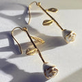 French Romantic White Rose Flower Branch Leaf Long Drop Earrings, Elegant Versatile Dangle Jewelry view 1