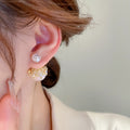 Gold Plated Alloy Pearl Stud Earrings With Silver Pins And Rhinestone Mesh Cap French Elegant Style view 3