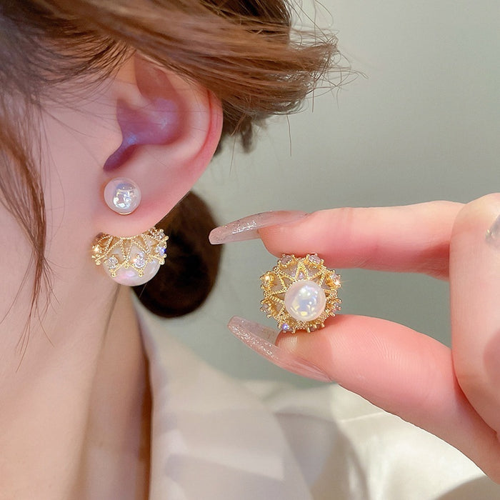 Gold Plated Alloy Pearl Stud Earrings With Silver Pins And Rhinestone Mesh Cap French Elegant Style