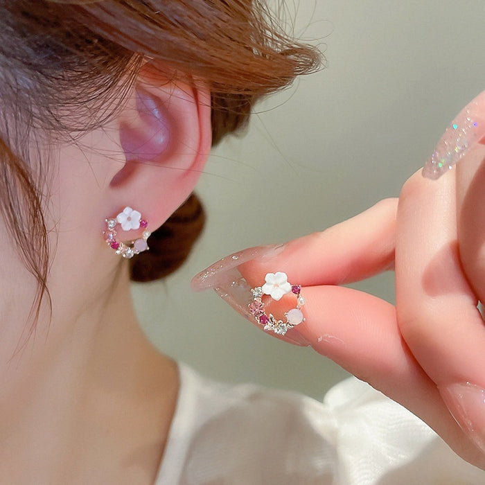 Sparkling Rhinestone Hollow Flower Pearl Stud Earrings Alloy Sweet Minimalist Fashion Jewelry