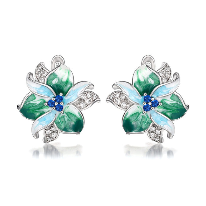 Green Enamel Flower Earrings With Resin And Zircon, European Style Ear Buckle Jewelry