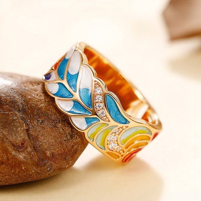 European Punk Gold Plated Copper Enamel Blue And White Porcelain Pattern Hip Hop Ring