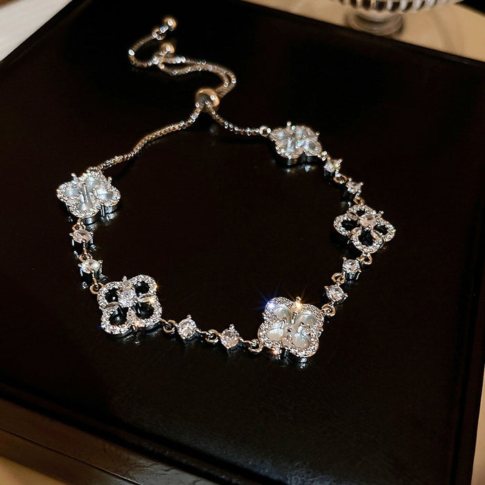 Korean Light Luxury Copper Four Petal Flower Zircon Adjustable Bangle For Women